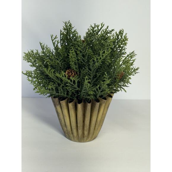 Fluted Scalloped Brass Vase with Holiday Christmas Winter Greenery Pouf Decor - Picture 1 of 11